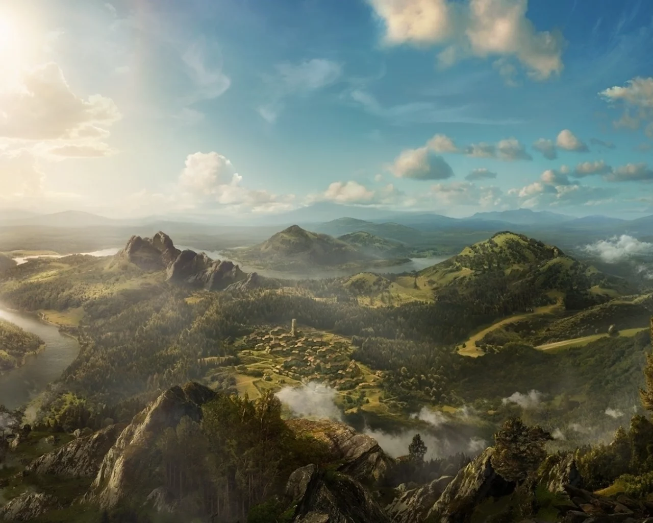 painting, beautiful, landscape, mountains, hills, trees, clouds, village, forest, reflection, nature, day, sun, summer, lake, wide, see, smile