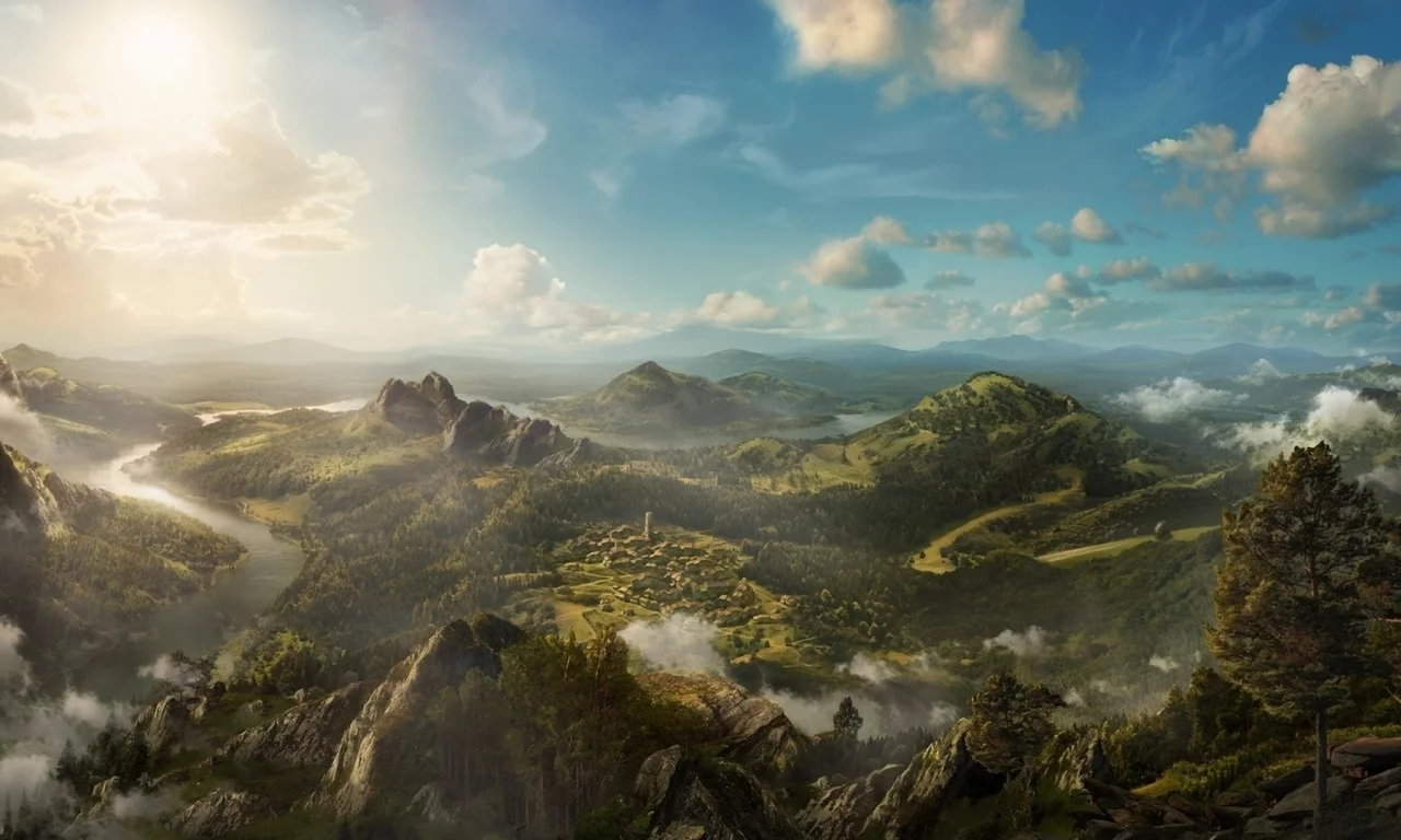 painting, beautiful, landscape, mountains, hills, trees, clouds, village, forest, reflection, nature, day, sun, summer, lake, wide, see, smile