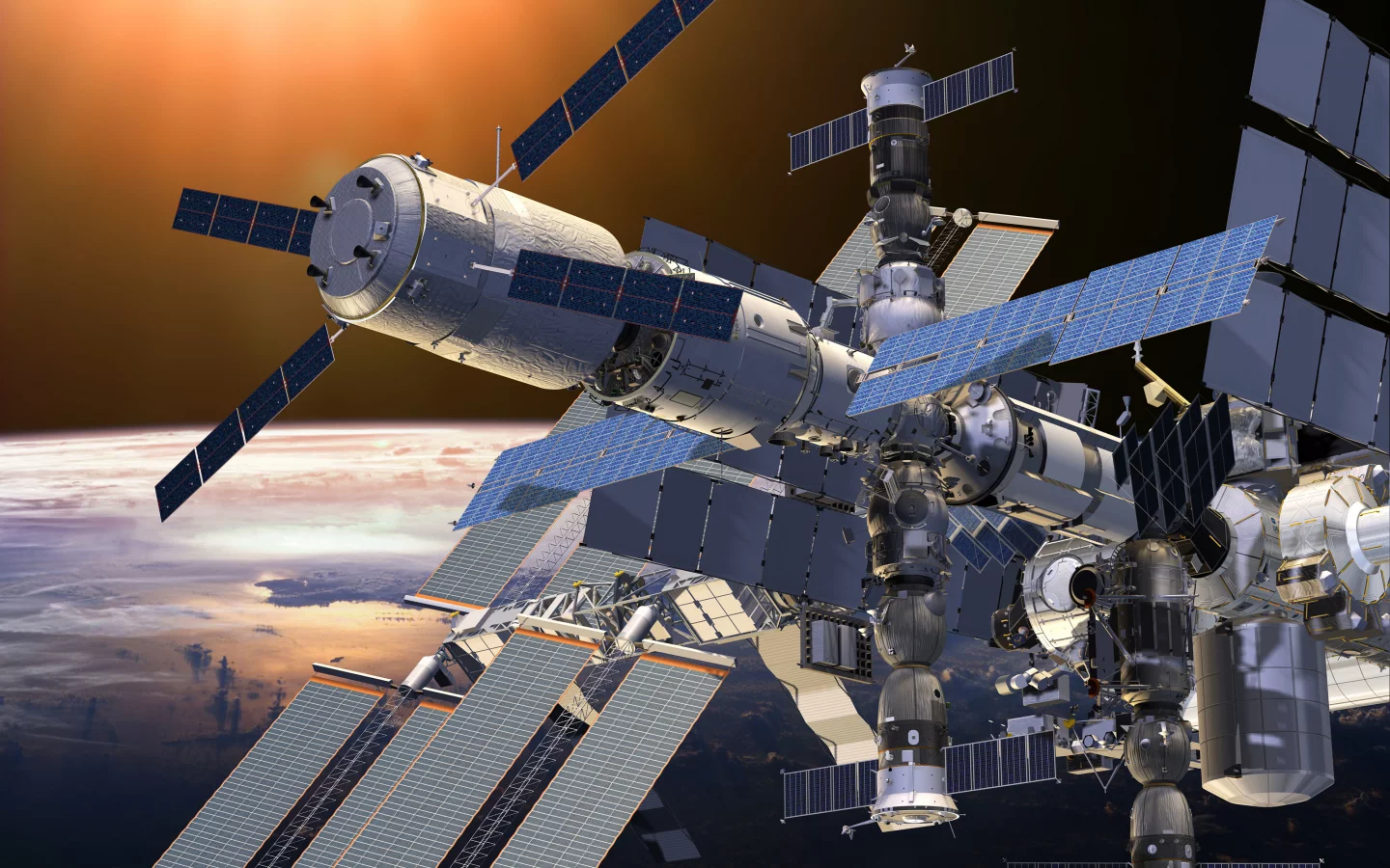 мкс, земля, космос, наука, техника, орбитальная, станция, облака, горизонт, полёт, звёзды, графика