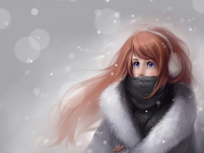 снег, рисунок, anna linberger, шарф, зима, девушка, кукла