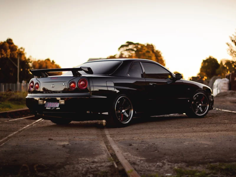 skyline, nissan, black, r34, gtr, railroad, back