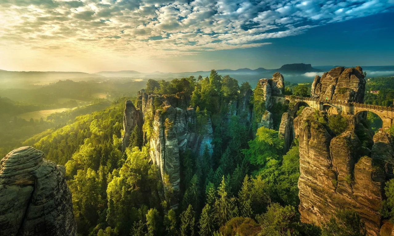 деревья, мост, лес, скалы, камни, небо, облака, красота