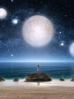 космос, планеты, звёзды, девушка, пляж, море, берег, песок, камни