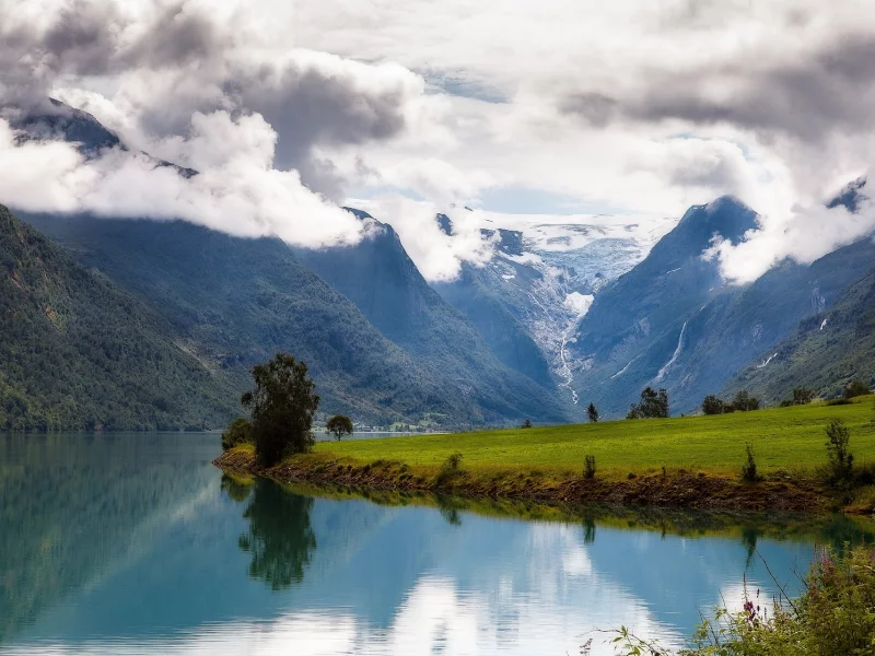 норвегия, горы, oldedalen, нур-фьорд, луг, облака, nordfjord, norway