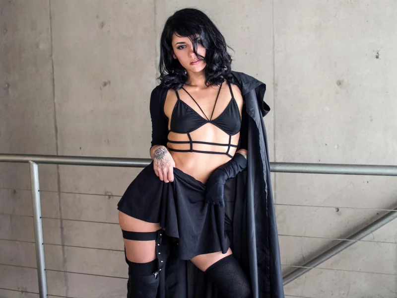 suicide girls, брюнетка, модель, татуировки, проколол перегородку, чувственный взгляд, черное белье, черные чулки, юбка, маленький