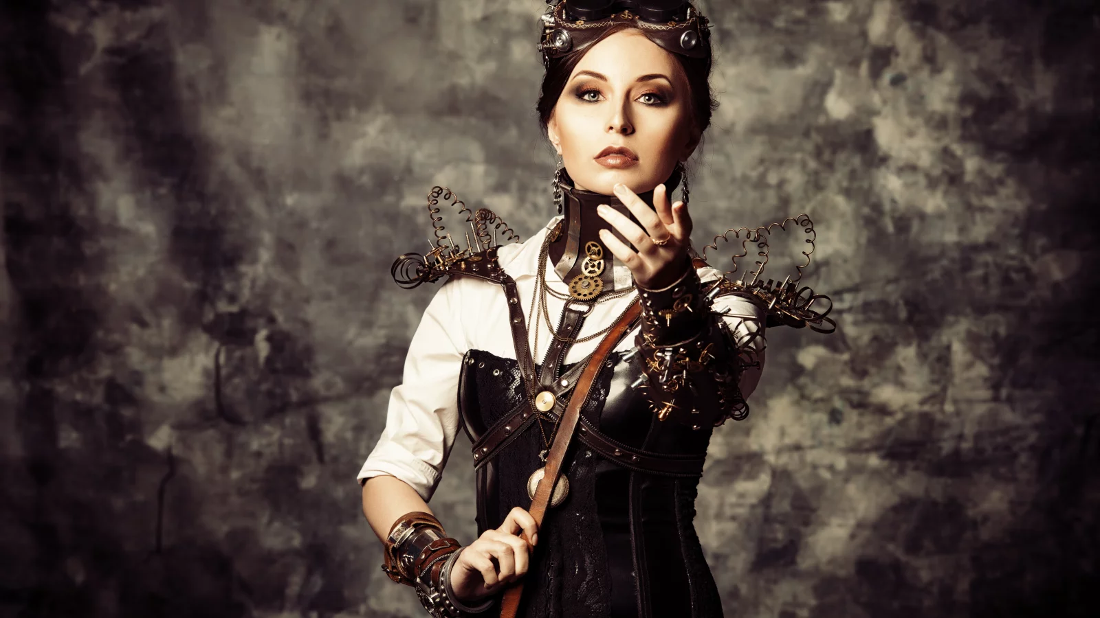 корсет, очки, провода, стиль, девушка, стимпанк