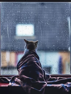 кошка, окно, дождь