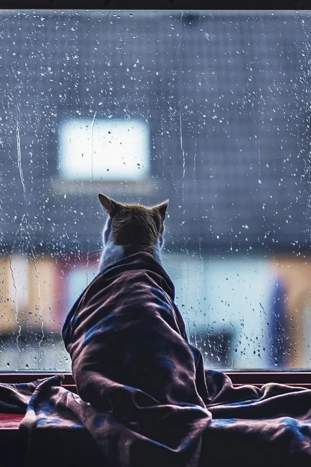 кошка, окно, дождь