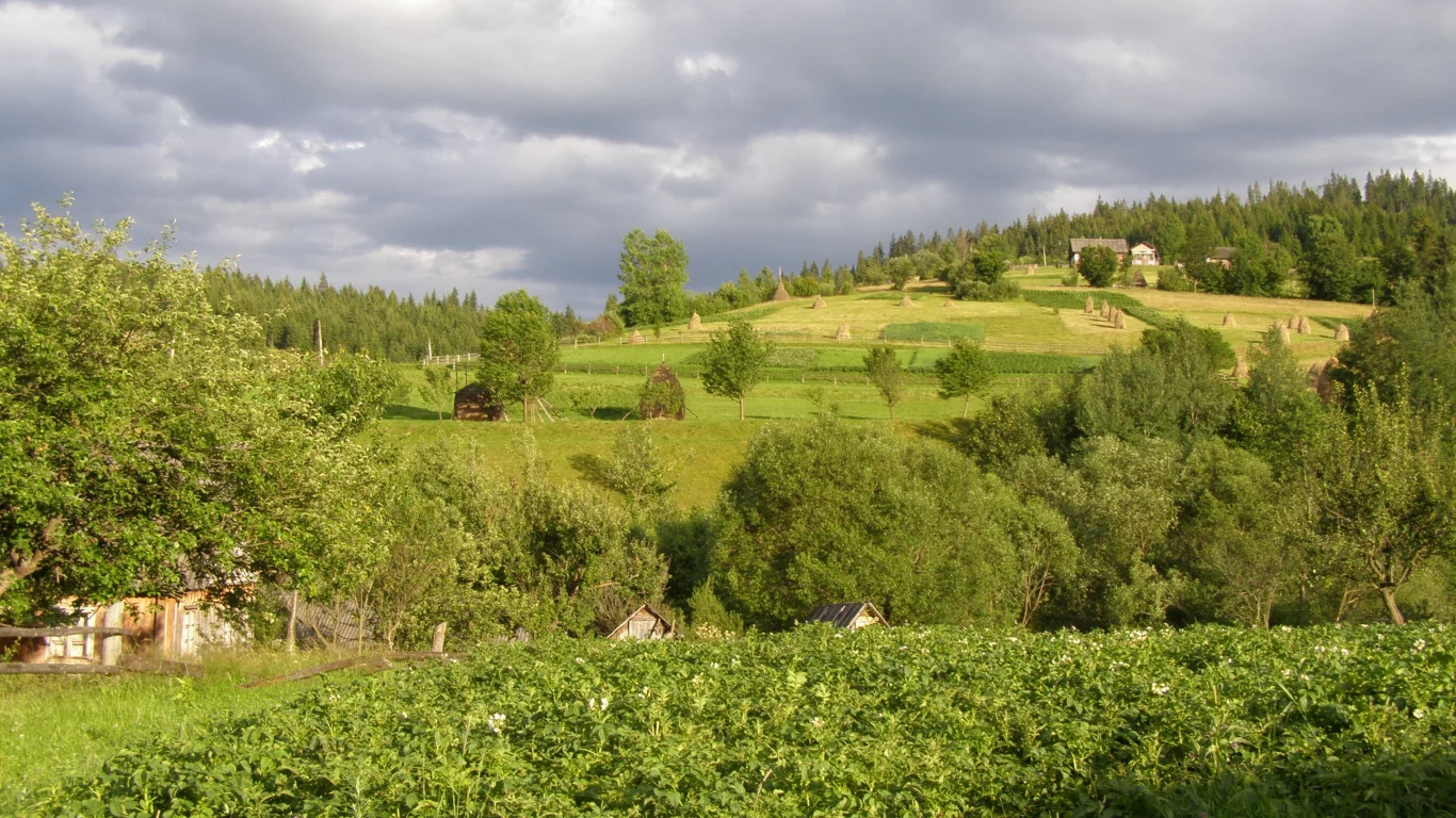 село, горы, лес, луг, облака, огород, стог, сено