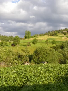 село, горы, лес, луг, облака, огород, стог, сено