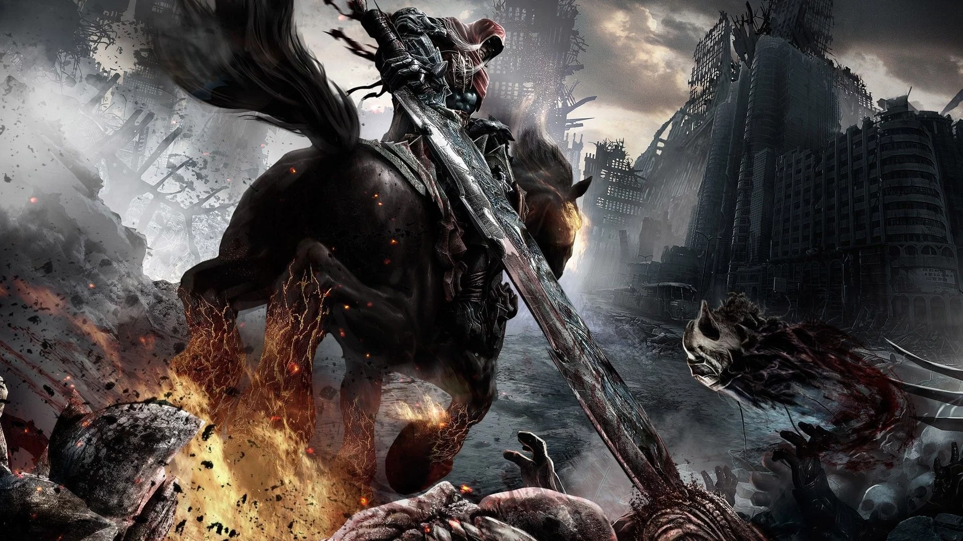 darksiders, конь, меч, смерть, огонь, город