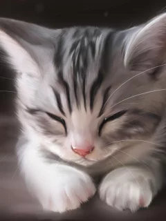 кошка, рисунок, арт, спит, котенок, морда, кот