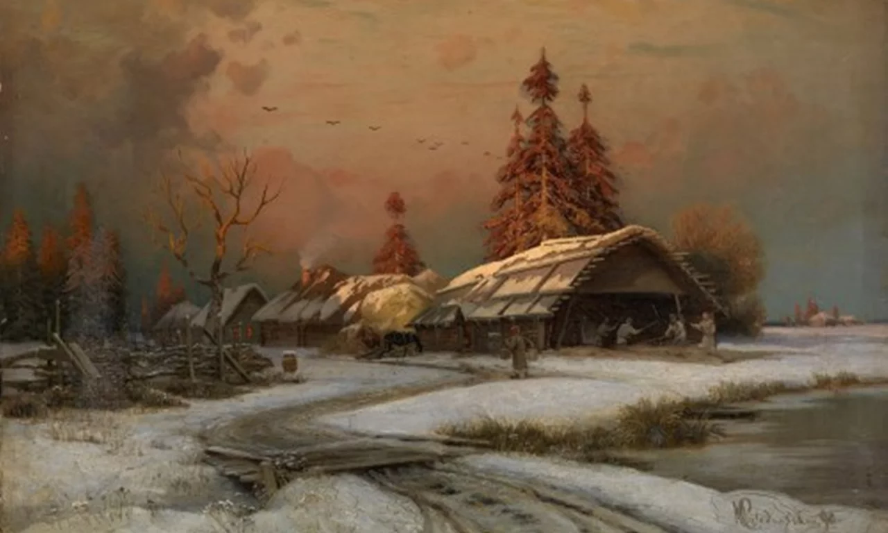 картина, маслом, в деревне, зима, суходольский петр