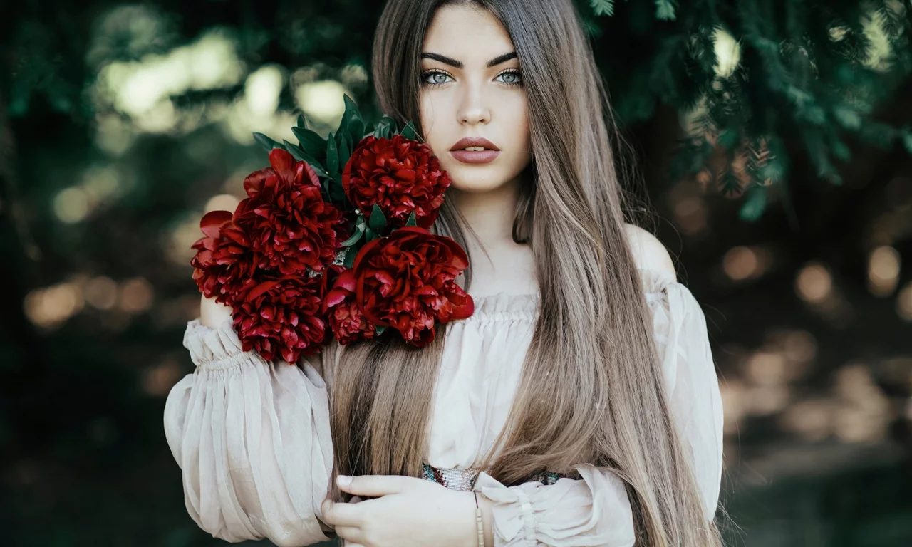 взгляд, девушка, цветы, модель, платье, пионы