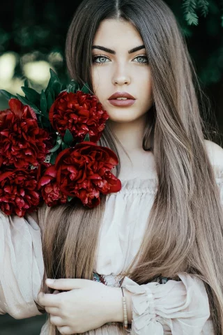 взгляд, девушка, цветы, модель, платье, пионы