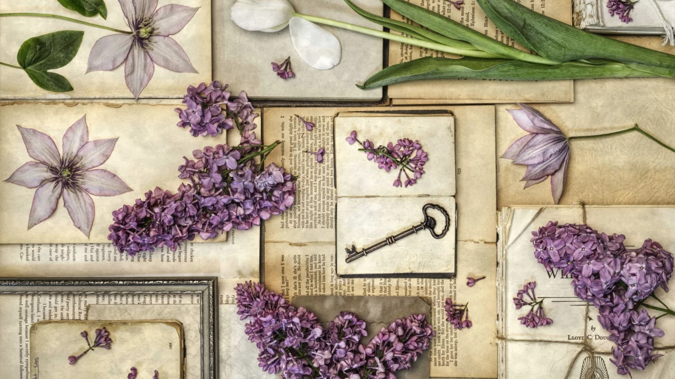 книги, тюльпан, ключ, винтаж, сирень, клематис, гербарий