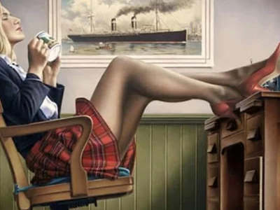 девушка, рисунок, ножки, мини юбка, блондинка, ножки, поза, чашка