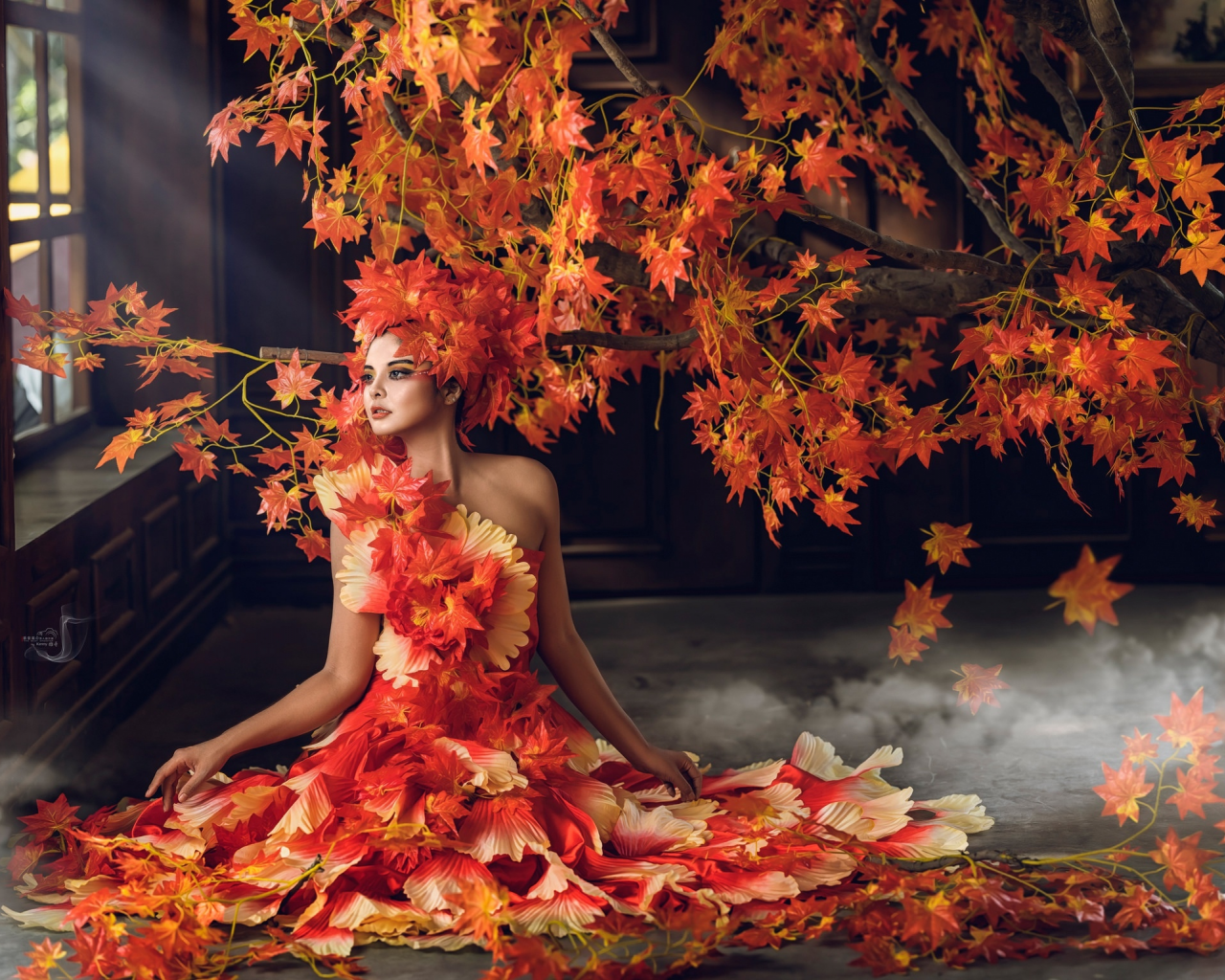 листья, осень, девушка, стиль, дерево