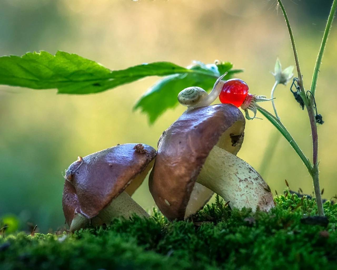 природа, улитка, мох, грибы, макро