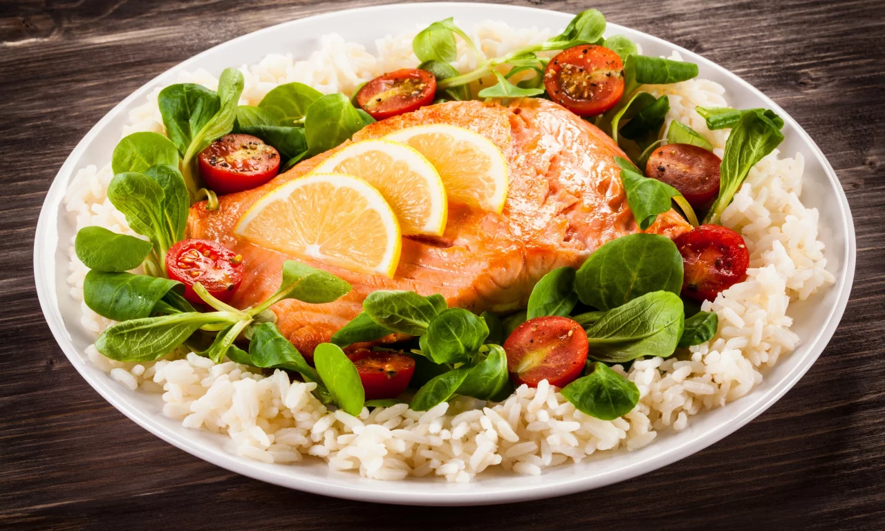 помидоры, лимон, черри, tomatoes, cherry, листья, рис, сервировка, fish, рыба