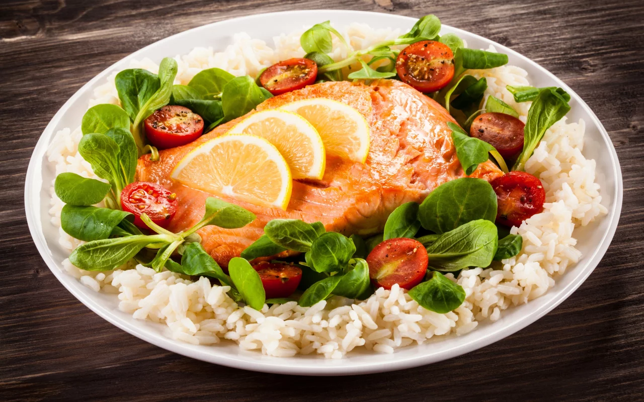 помидоры, лимон, черри, tomatoes, cherry, листья, рис, сервировка, fish, рыба