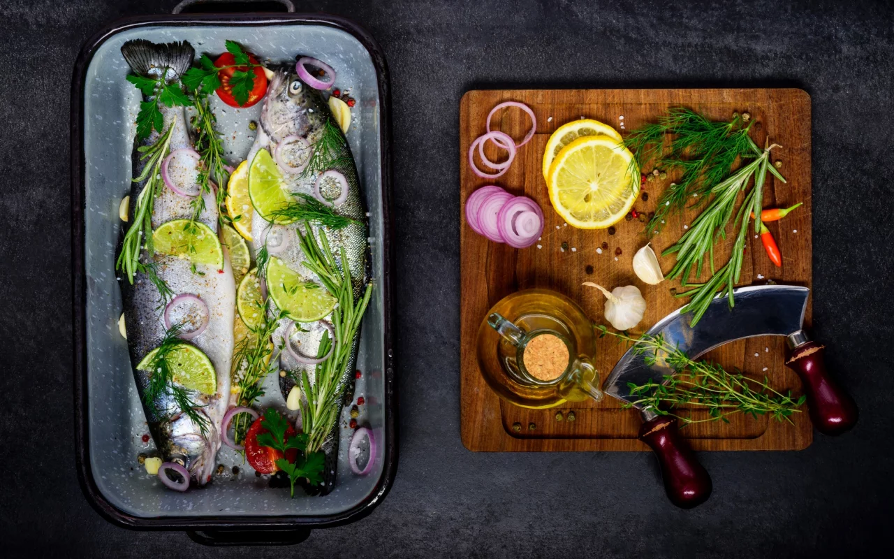 рыба, специи, fish, сервировка, зелень, spices, lemons, лимон, cutting