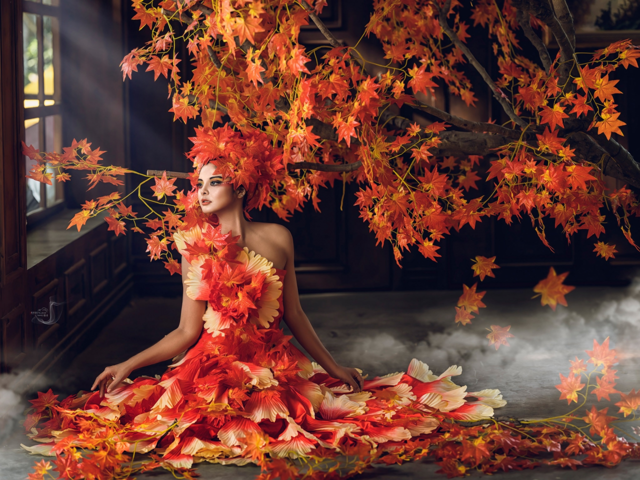 листья, осень, девушка, стиль, дерево
