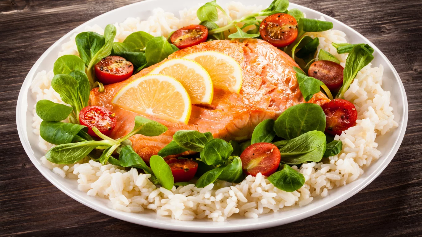 помидоры, лимон, черри, tomatoes, cherry, листья, рис, сервировка, fish, рыба
