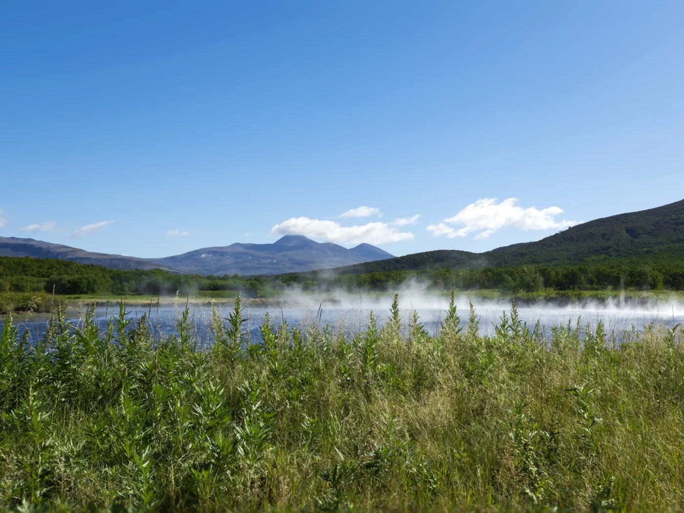 горы, река, трава