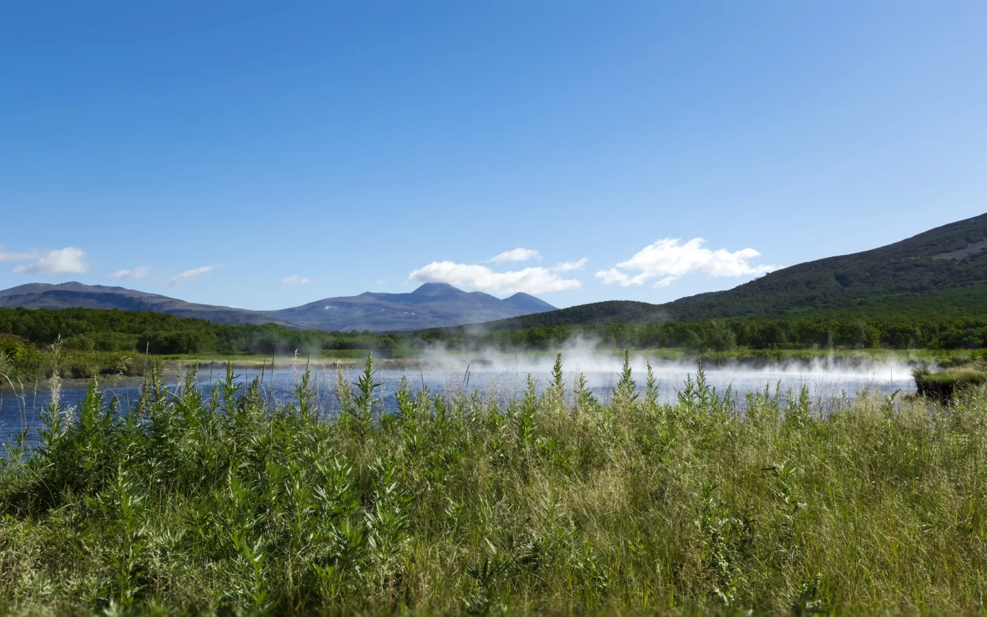 горы, река, трава