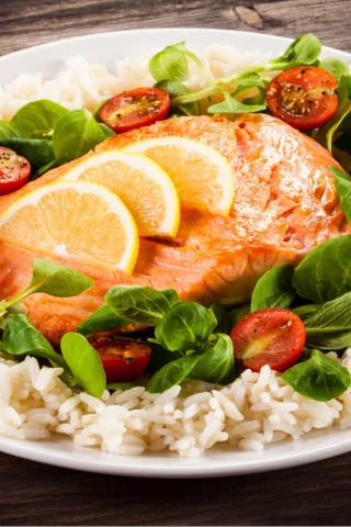 помидоры, лимон, черри, tomatoes, cherry, листья, рис, сервировка, fish, рыба
