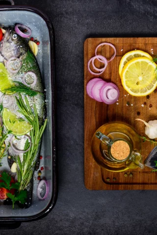 рыба, специи, fish, сервировка, зелень, spices, lemons, лимон, cutting