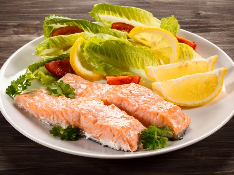 помидоры, лимон, салат, листья, tomato, сервировка, fish, рыба, lemon