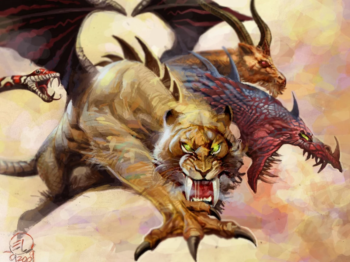 snake, monster, tiger, wings, lion, predator, dragon, mythology, goat, claws, scales, chimera, tusks, tora