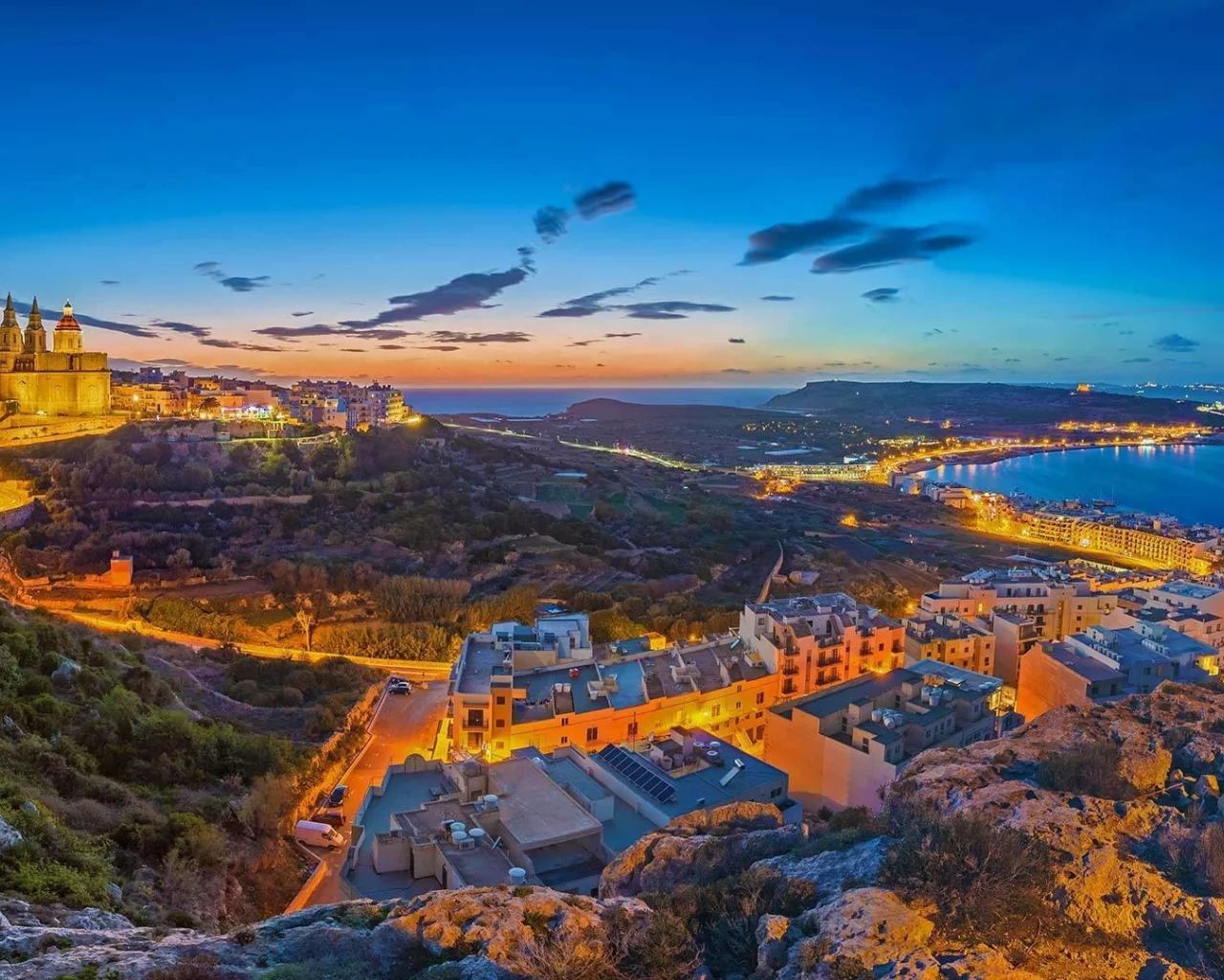 море, пейзаж, огни, дома, панорама