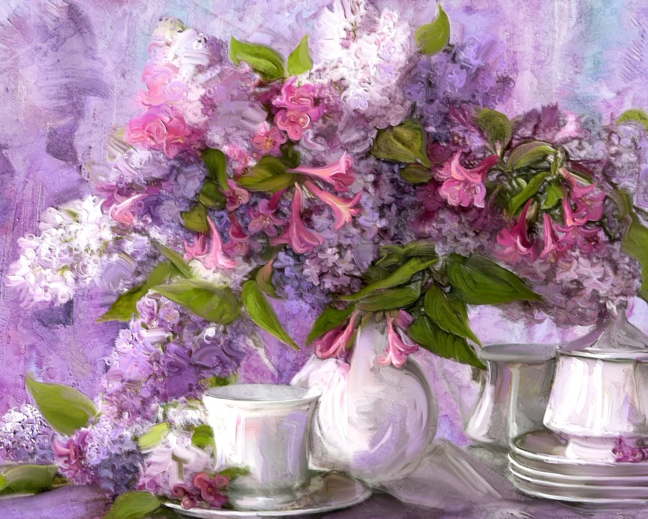 цветы, букет, картина, чашка, натюрморт, блюдце, сервиз