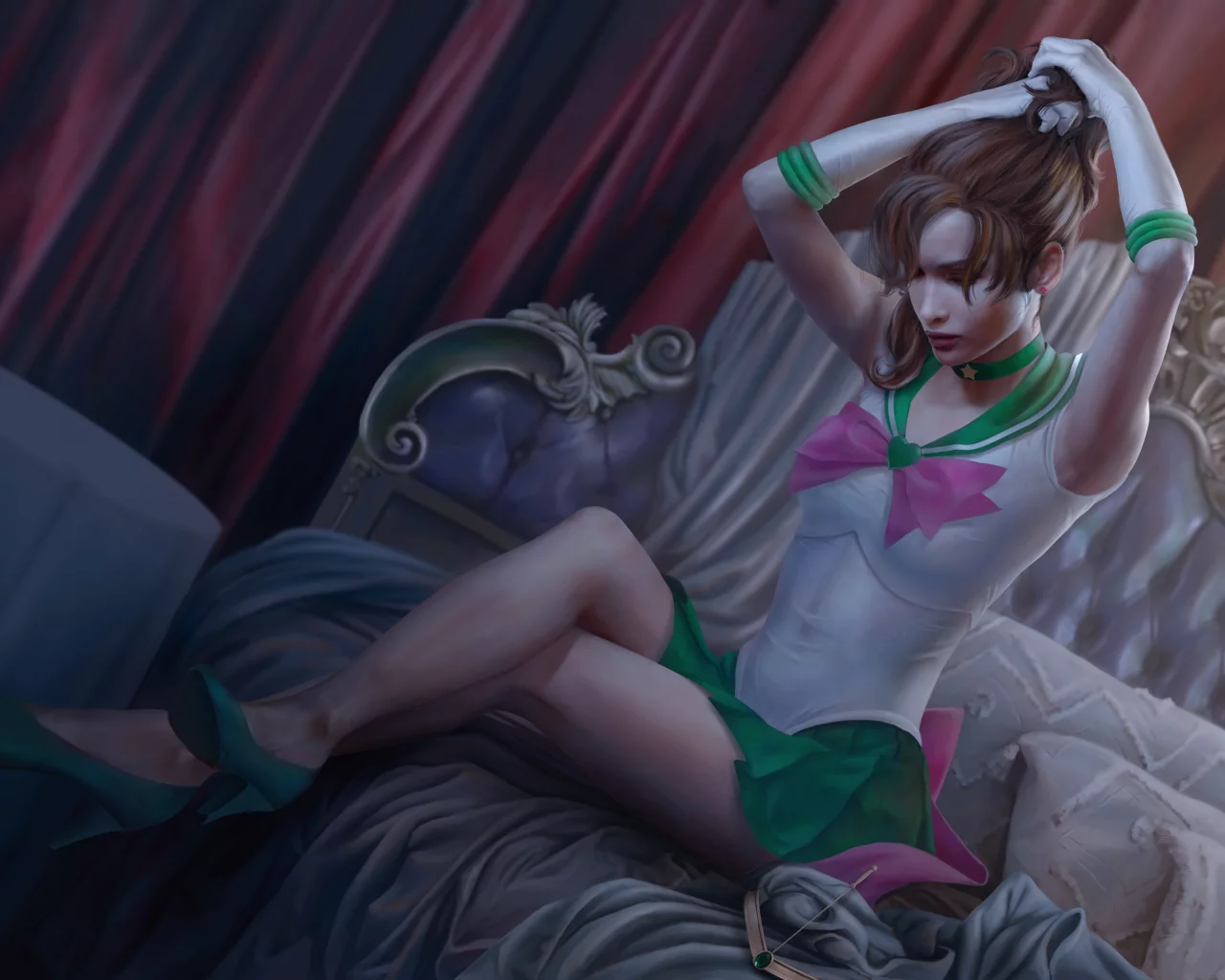 девушка, ноги, аниме, платье, арт, постель, sailor jupiter
