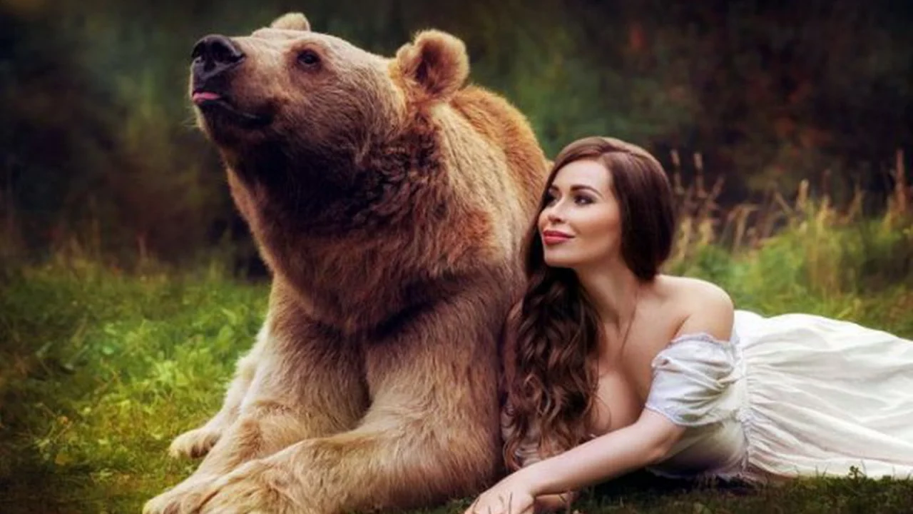 девушка и медведь, поза, грудь, волосы, улыбка, платье