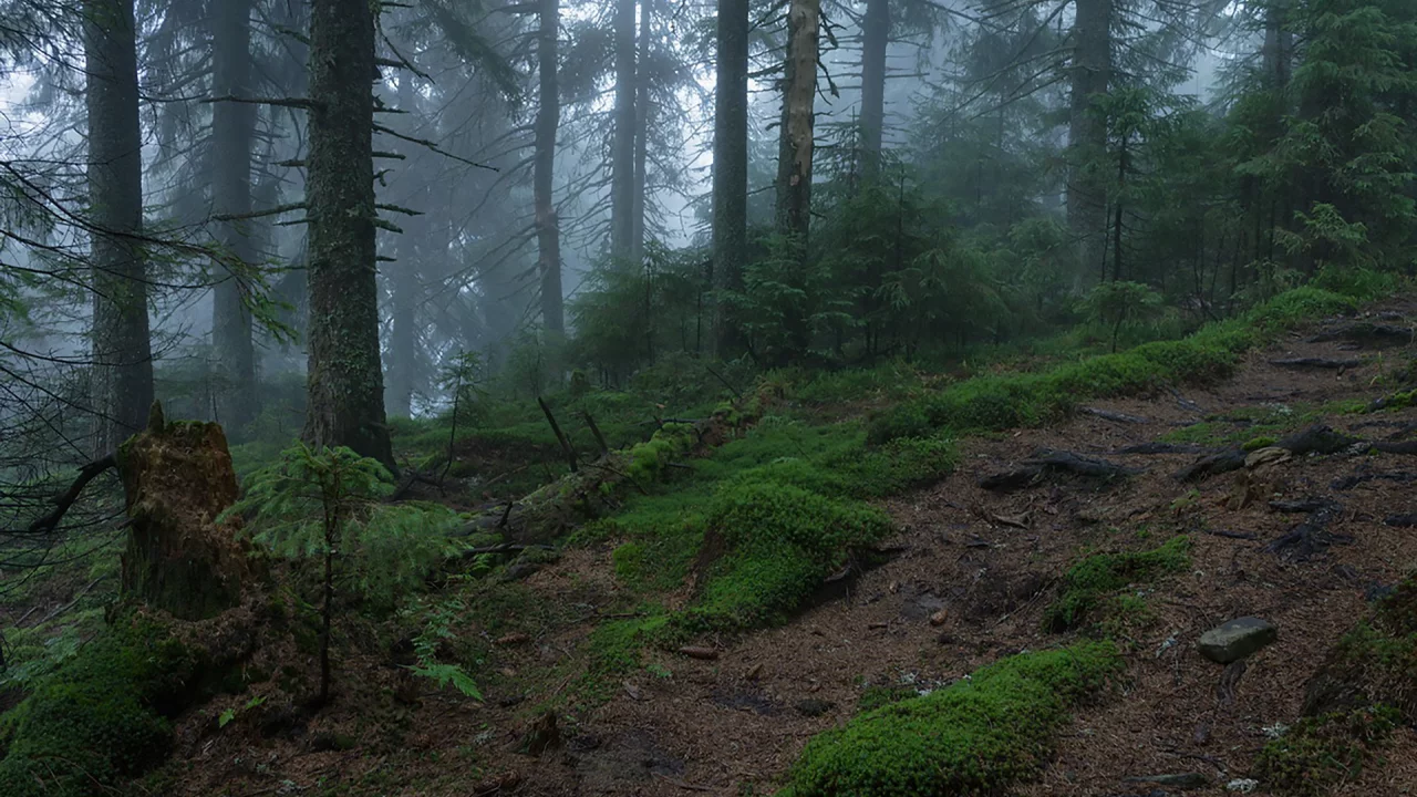 лес, туман, fog, forest, path, rays, green, nature, landscapes, trees, forest, trail, woods, leaves, fence, see, dark, summer, alexey argentum, wide