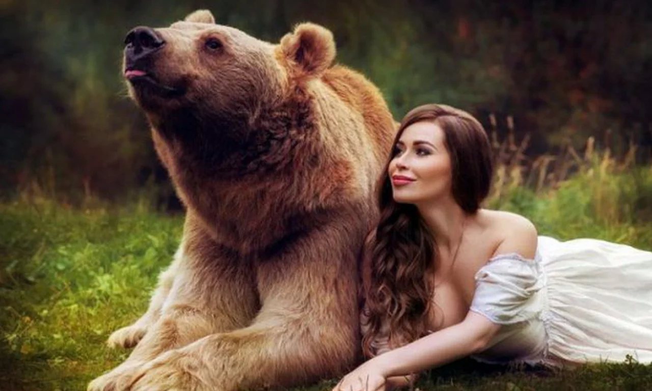 девушка и медведь, поза, грудь, волосы, улыбка, платье