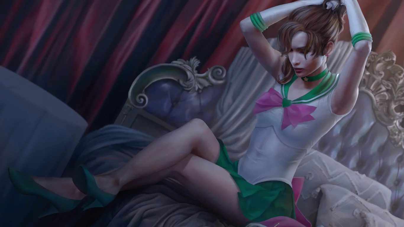 девушка, ноги, аниме, платье, арт, постель, sailor jupiter