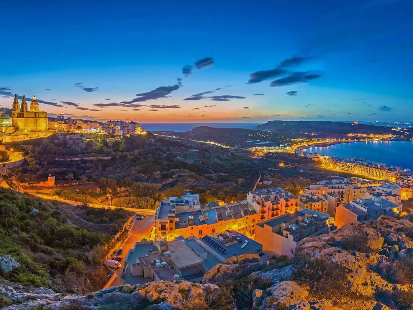 море, пейзаж, огни, дома, панорама