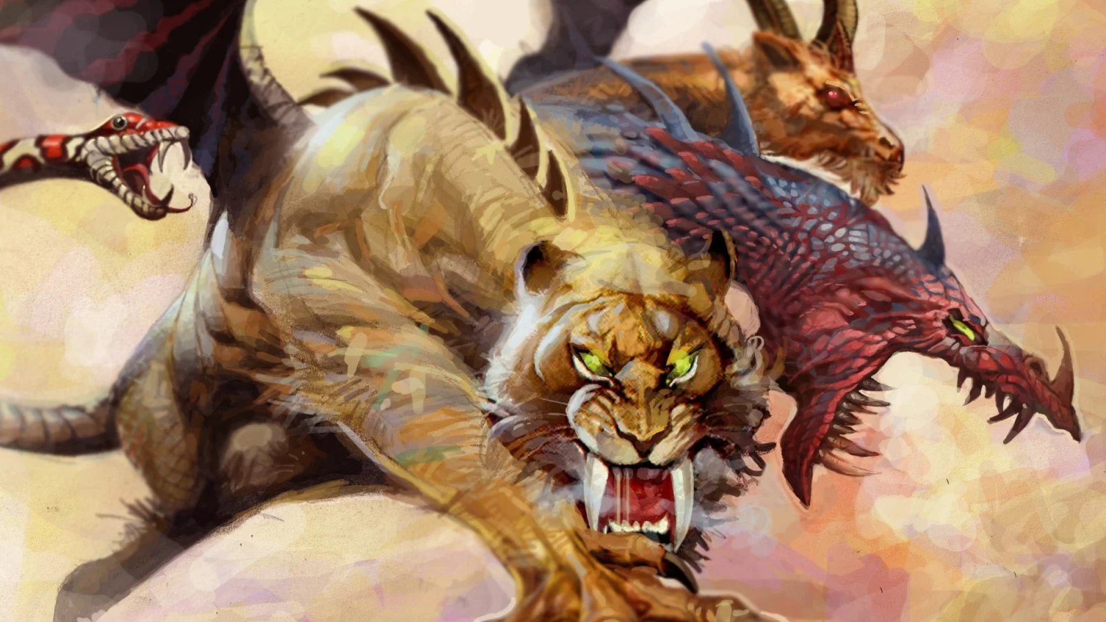 snake, monster, tiger, wings, lion, predator, dragon, mythology, goat, claws, scales, chimera, tusks, tora