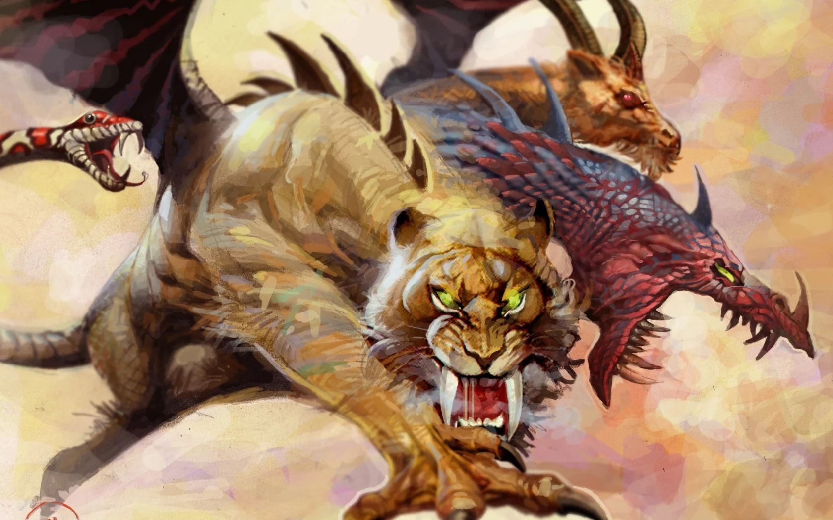 snake, monster, tiger, wings, lion, predator, dragon, mythology, goat, claws, scales, chimera, tusks, tora
