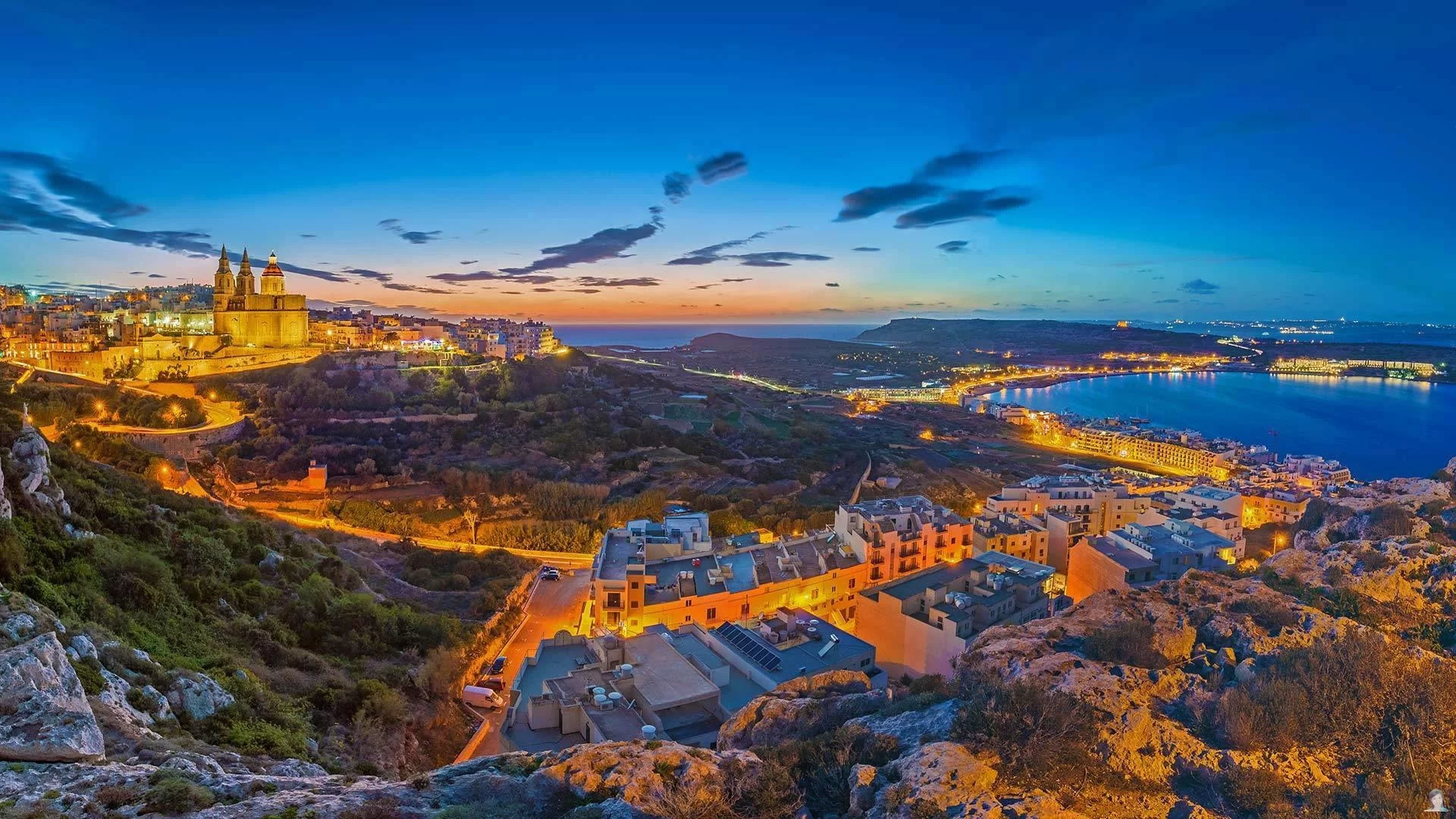 море, пейзаж, огни, дома, панорама