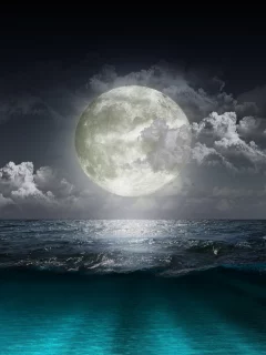 океан, море, луна, ночь, пейзаж, облака, небо
