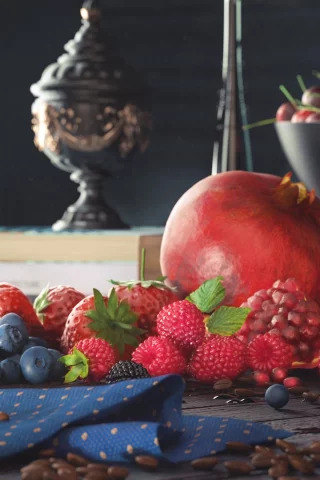 лето, рендеринг, урожай, фрукты, натюрморт