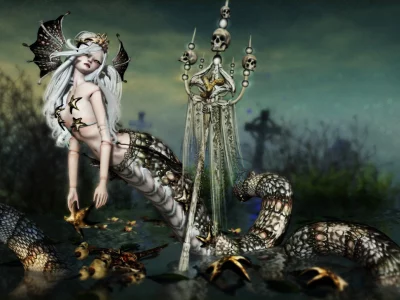 skull, snake, monster, lamia, mythologic, by kynne