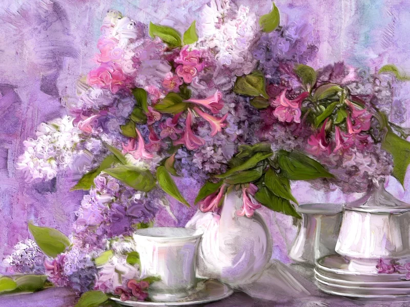 цветы, букет, картина, чашка, натюрморт, блюдце, сервиз