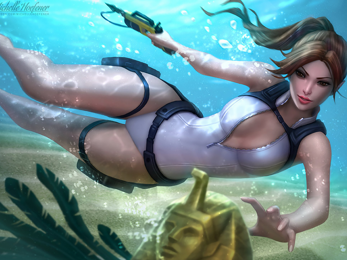 Картинка на рабочий стол игра, лара крофт, lara, croft, artifact, dive,  boat, sea, under, jctan, ocean, planet, future, station, world, stars,  shores, second, aluren, space, nice, sun, up, sky, michellehoefene, wide  1152